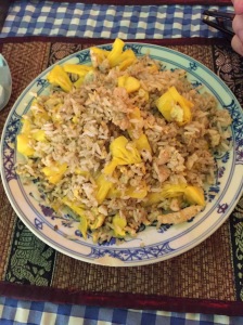 Pineapple, chicken, and rice for lunch. 